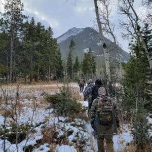 Hikers with backpacks trekking through a snowy forest toward a mountain.