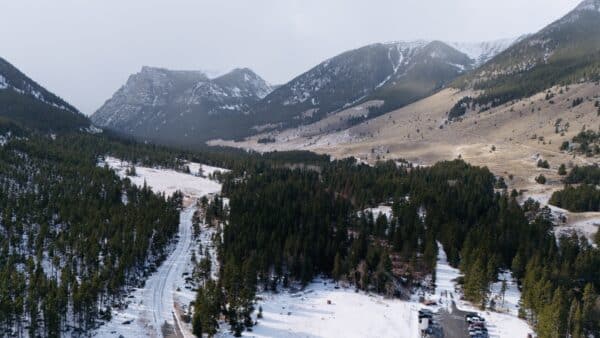 Aerial view of a snowy mountain road winding through a pine forest.